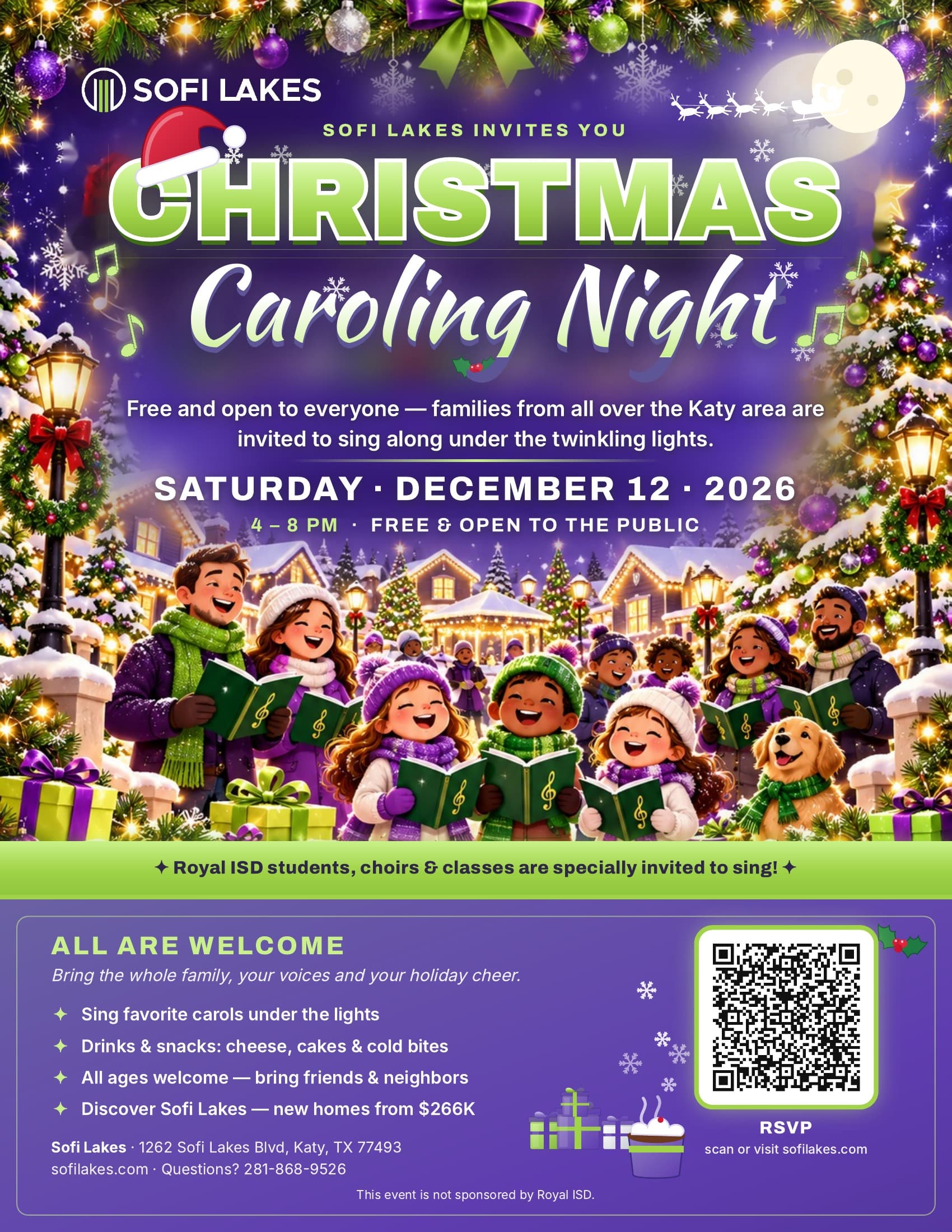 Christmas Caroling Night flyer (English): Saturday, December 12, 2026, 4–8 PM. Free and open to the public. Drinks & snacks: cheese, cakes & cold bites. Royal ISD students, choirs & classes are specially invited to sing. This event is not sponsored by Royal ISD.