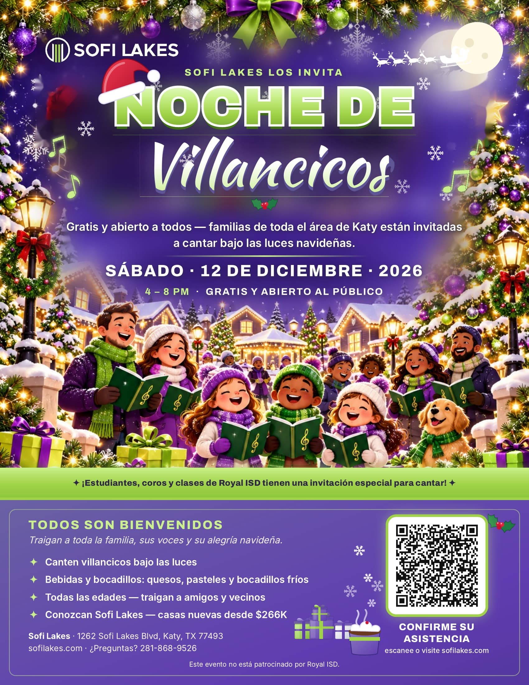 Volante de la Noche de Villancicos (español): sábado 12 de diciembre de 2026, 4–8 PM. Este evento no está patrocinado por Royal ISD.