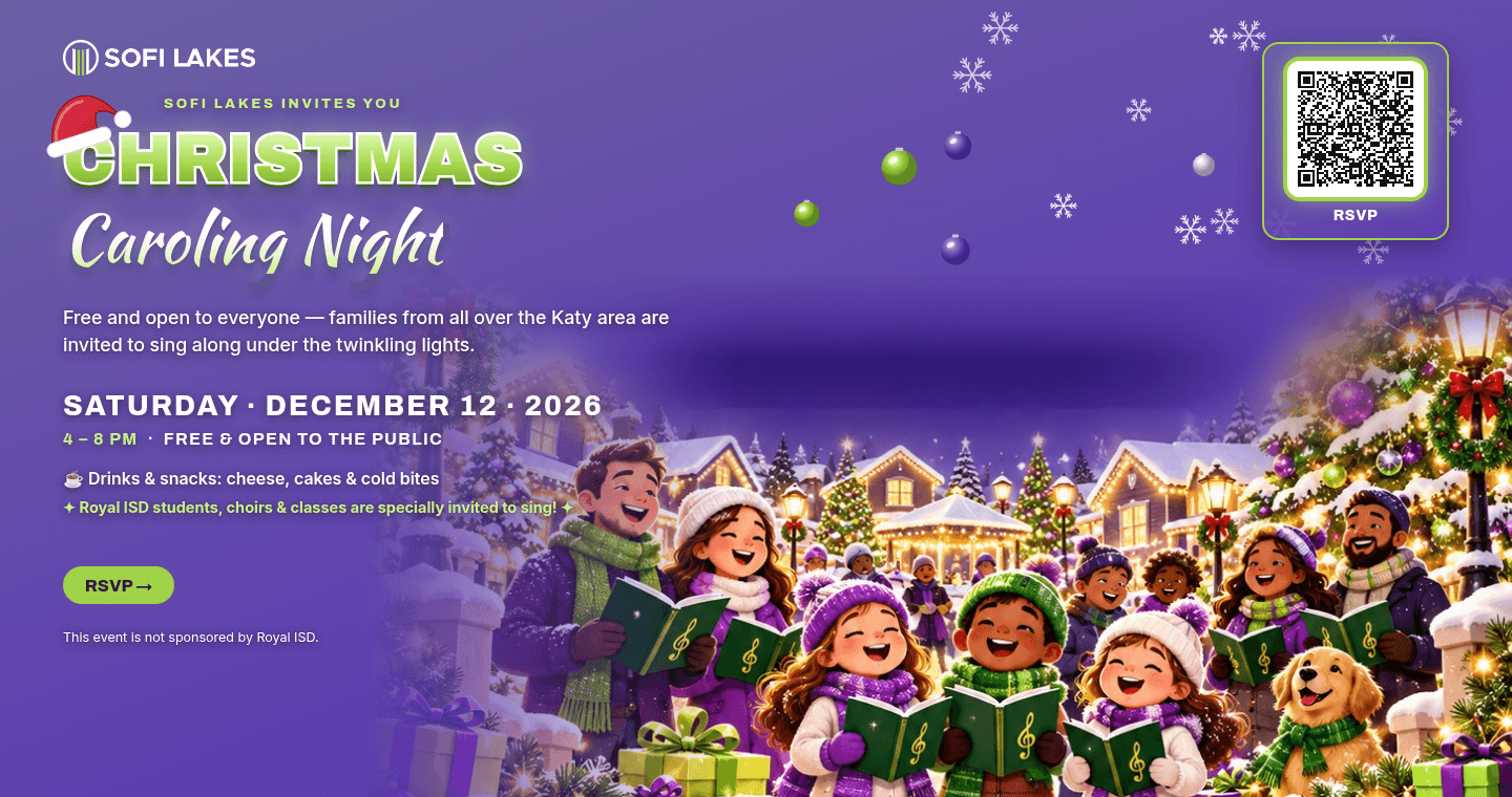 Christmas Caroling Night. Saturday, December 12, 2026, 4 to 8 PM. Free and open to the public. Drinks and snacks: cheese, cakes and cold bites. Royal ISD students, choirs and classes are specially invited to sing. This event is not sponsored by Royal ISD.