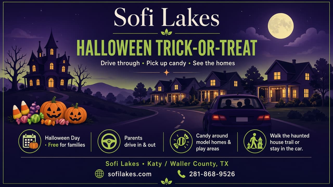 Sofi Lakes Halloween Trick-or-Treat poster: drive through, pick up candy, see the homes. Candy around the model homes and play areas, haunted house trail. Sofi Lakes, Katy / Waller County, TX · 281-868-9526