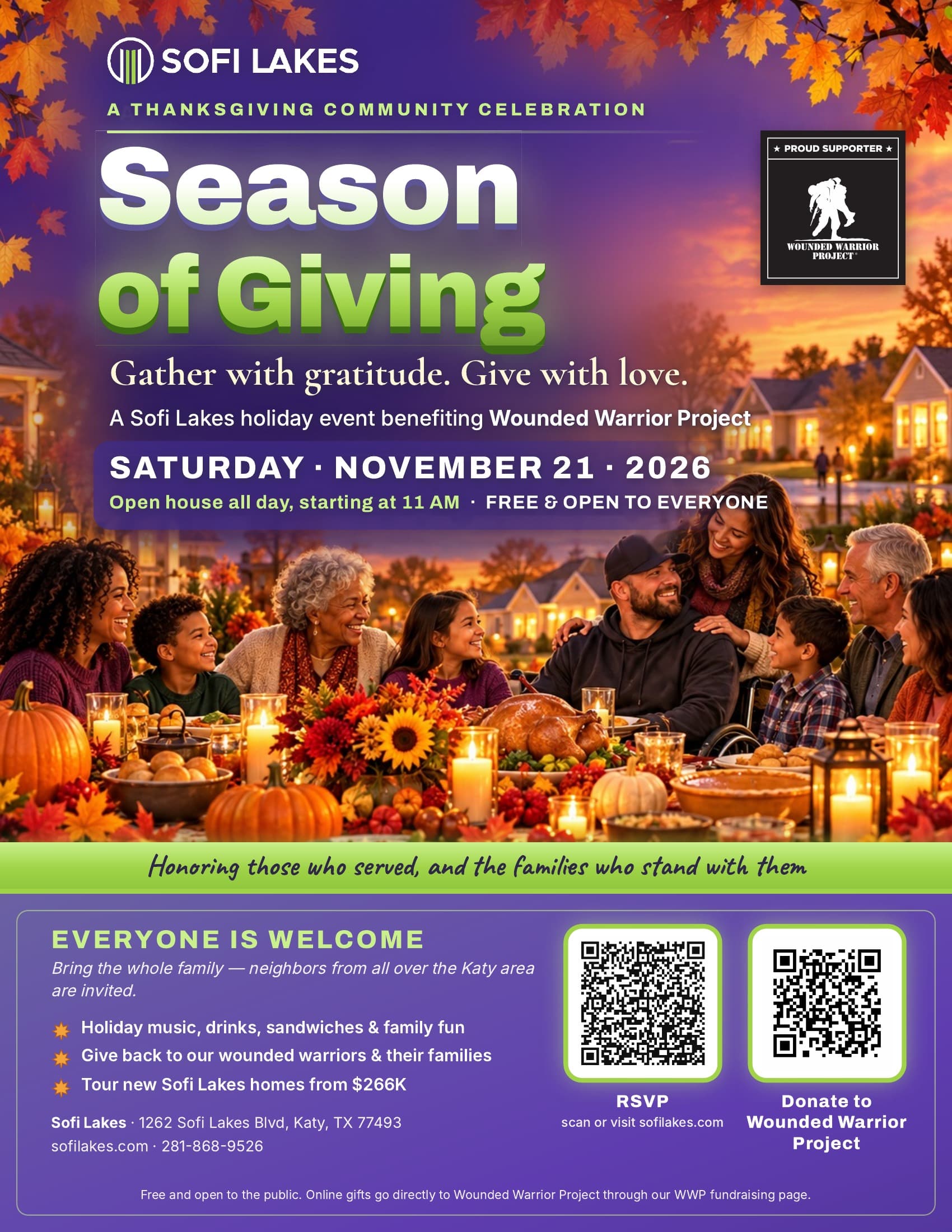 Season of Giving flyer (English): Saturday, November 21, 2026, open house all day starting at 11 AM, free and open to everyone, benefiting Wounded Warrior Project. 1262 Sofi Lakes Blvd, Katy, TX 77493 · 281-868-9526