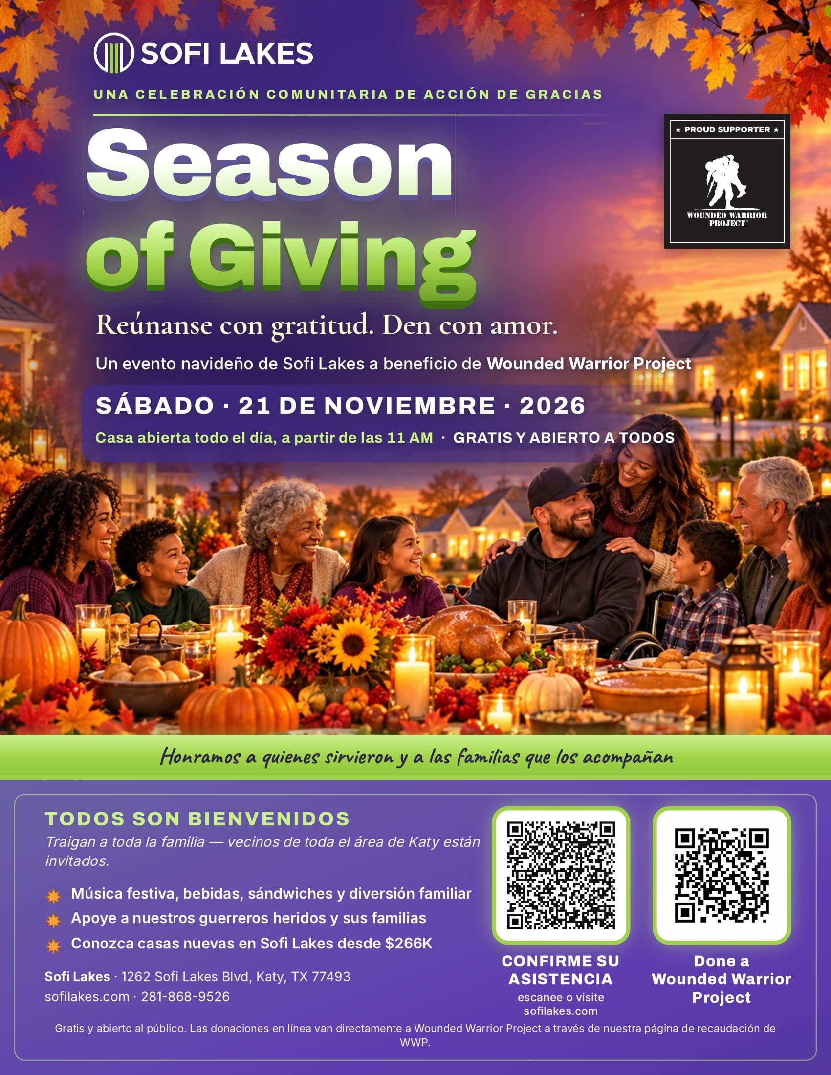 Volante de Season of Giving (español): sábado 21 de noviembre de 2026, a beneficio de Wounded Warrior Project