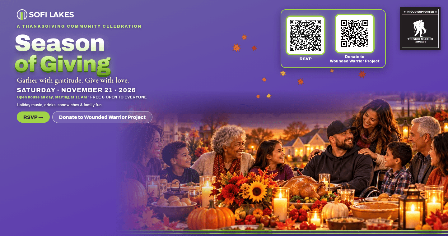 Season of Giving, a Thanksgiving community celebration benefiting Wounded Warrior Project. Gather with gratitude. Give with love. Saturday, November 21, 2026. Open house all day, starting at 11 AM. Free and open to everyone. Drinks, sandwiches and family fun.
