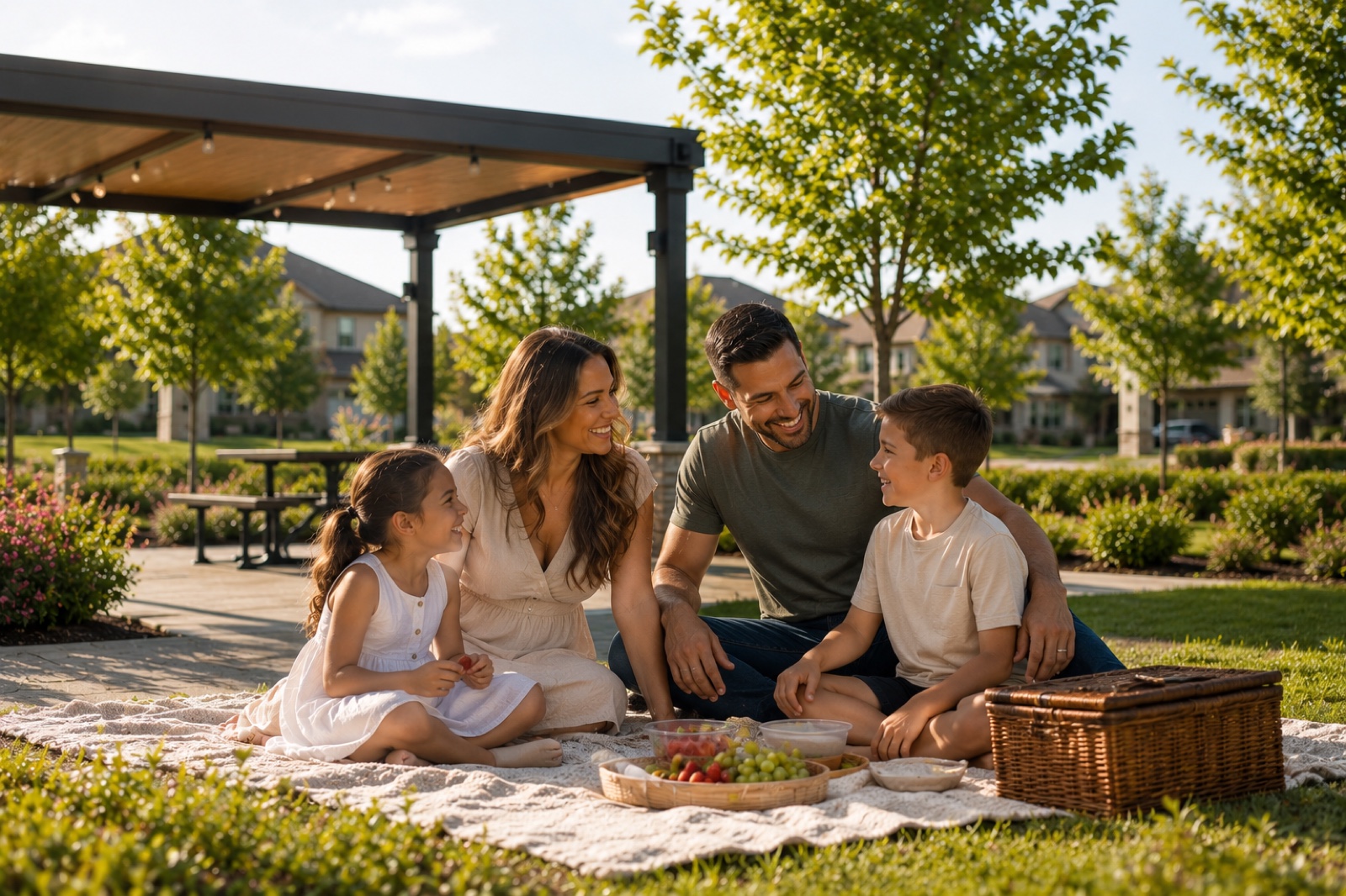 A family enjoying a picnic at Sofi Lakes