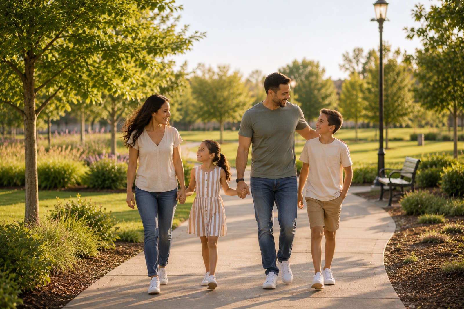 A family walking through the park at Sofi Lakes